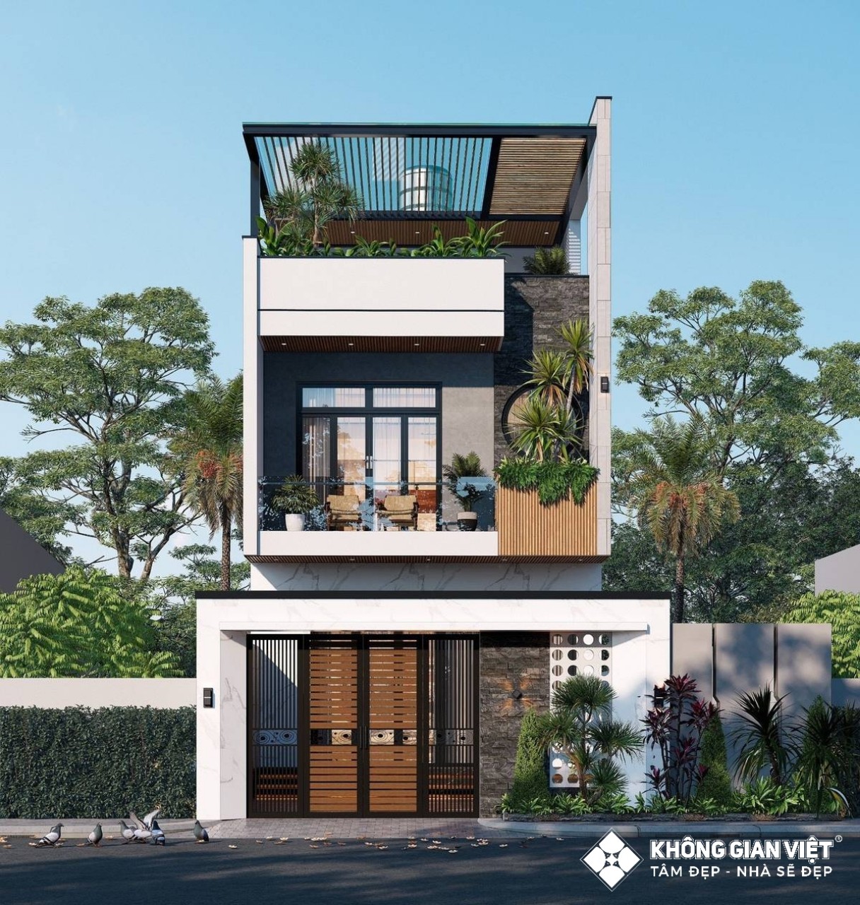 Mẫu nhà phố 1 trệt 1 lầu 1 tum hiện đại
